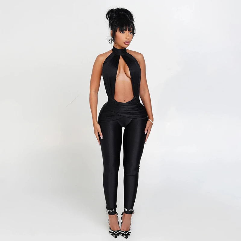 Halter Backless Jumpsuit Woman Sexy Hollow Fit Patchwork Waist Ruched Midnight Activity Workout Streetwear Overalls